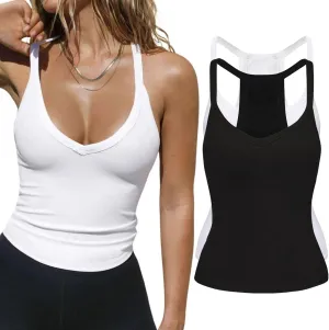 2 Pack V Neck Tank Tops for Women Built in Bra Racerback Womens Tank Tops Basics Yoga Ribbed Gym Sleeveless Shirts