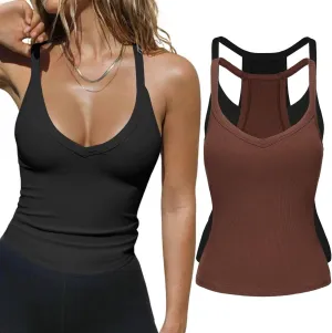 2 Pack V Neck Tank Tops for Women Built in Bra Racerback Womens Tank Tops Basics Yoga Ribbed Gym Sleeveless Shirts