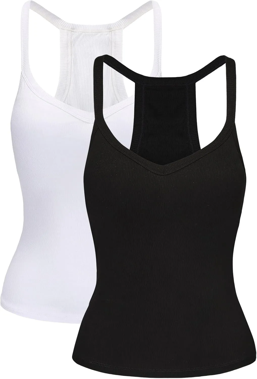 2 Pack V Neck Tank Tops for Women Built in Bra Racerback Womens Tank Tops Basics Yoga Ribbed Gym Sleeveless Shirts