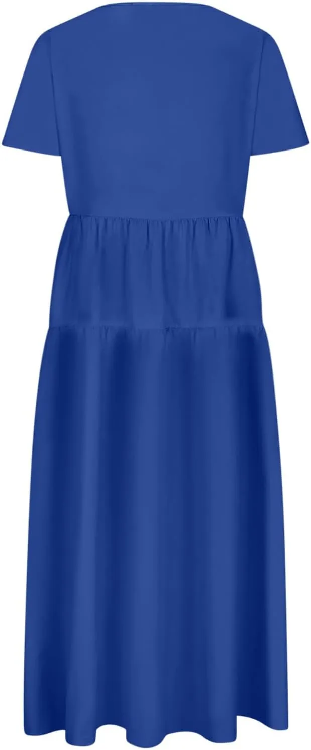 2025 Summer Dresses for Women Fashion Short Sleeve Flowy Dress Plus Size Stretchy Waist Pure Crewneck Dress