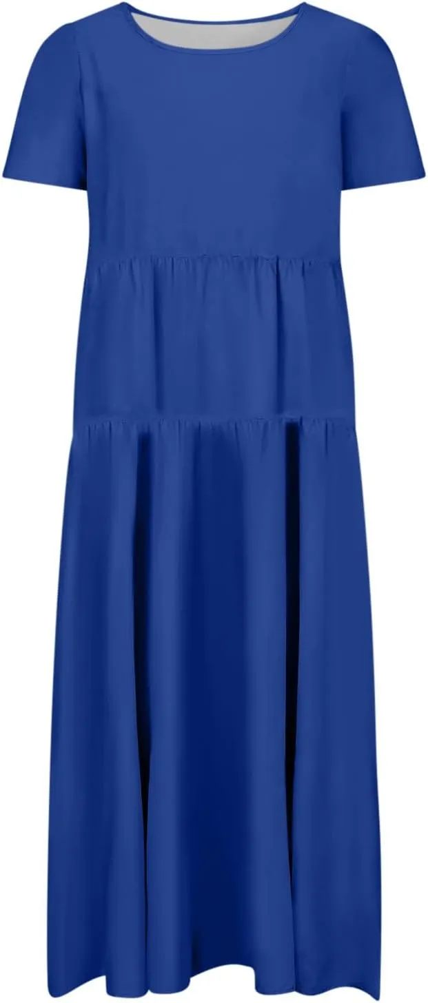 2025 Summer Dresses for Women Fashion Short Sleeve Flowy Dress Plus Size Stretchy Waist Pure Crewneck Dress