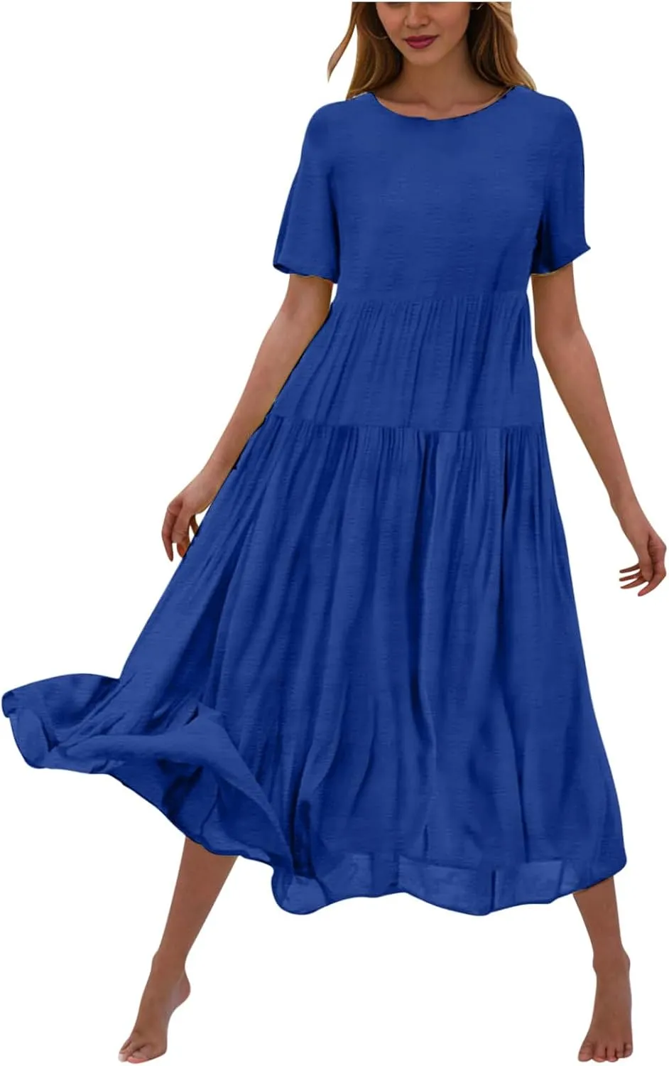 2025 Summer Dresses for Women Fashion Short Sleeve Flowy Dress Plus Size Stretchy Waist Pure Crewneck Dress