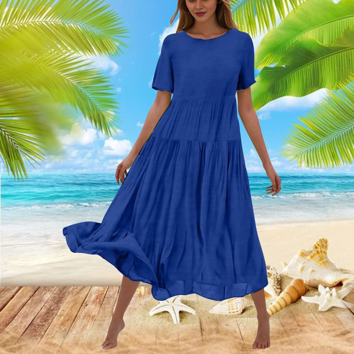 2025 Summer Dresses for Women Fashion Short Sleeve Flowy Dress Plus Size Stretchy Waist Pure Crewneck Dress