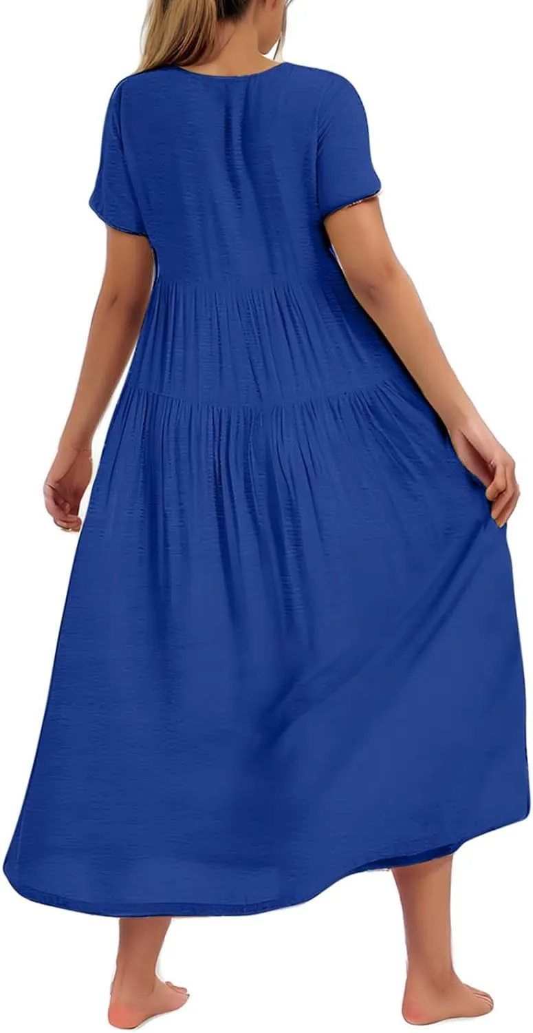 2025 Summer Dresses for Women Fashion Short Sleeve Flowy Dress Plus Size Stretchy Waist Pure Crewneck Dress