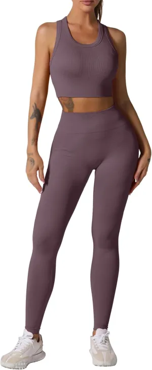 ABOCIW Workout Sets for Women 2 Piece Seamless Ribbed Tank Top Sport Bra High Waist Biker Shorts GYM Yoga Exercise Outfits