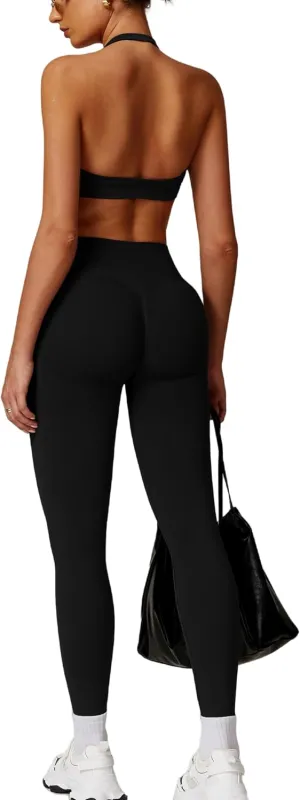 ABOCIW Workout Sets for Women Seamless Scunch Butt Lifting Impact Leggings Halter Sports Bra 2 Piece Gym Outfits