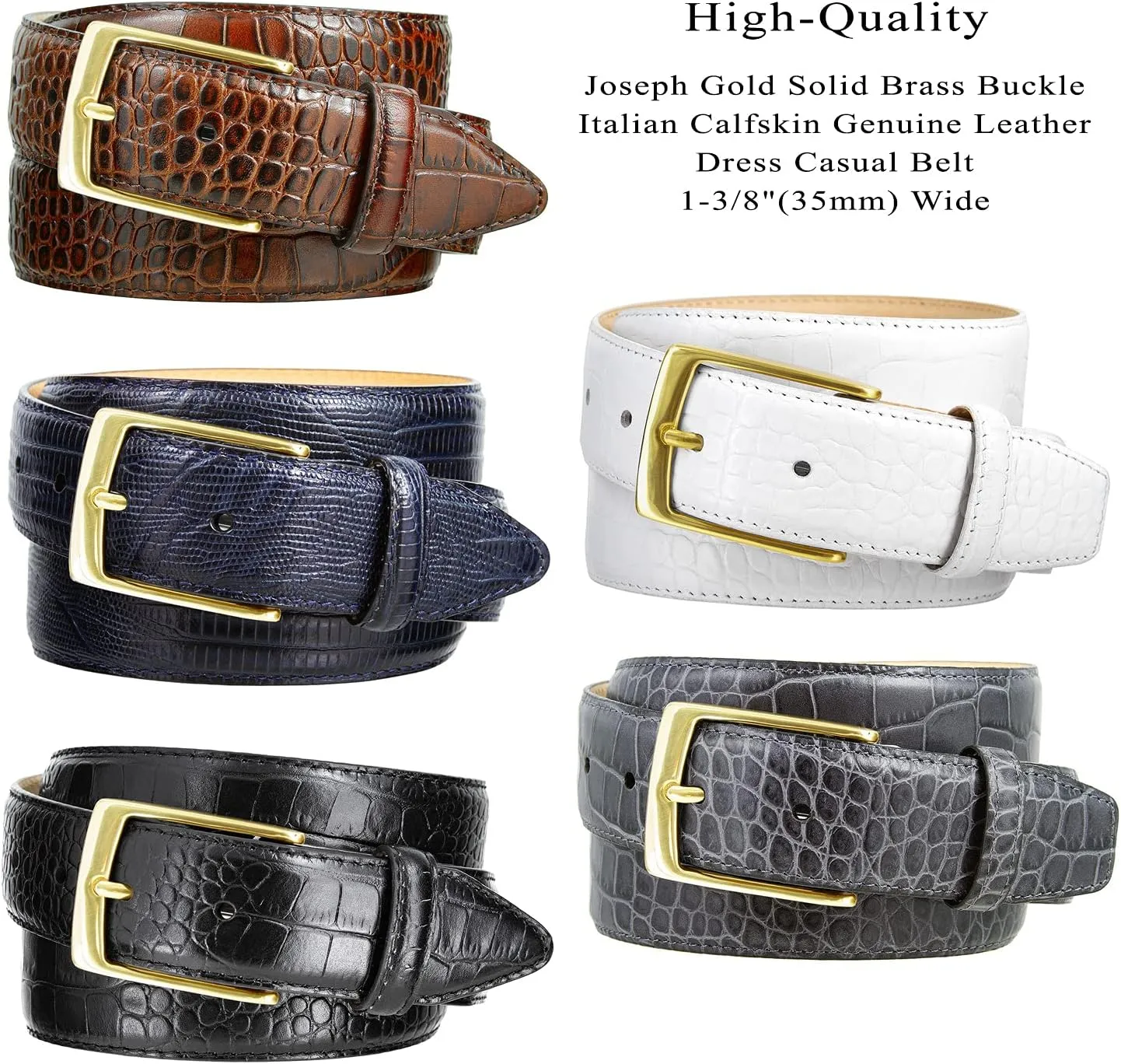 AE354 / A274 Genuine Full-Grain Cowhide Leather Dress Belt Gold Buckle 1-3/8''(35mm) Wide, 1"(25mm) Wide