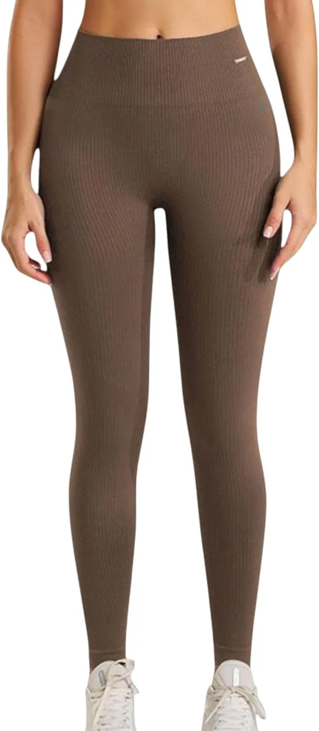 Anna-Kaci Women's High Waist Ribbed Seamless Leggings with Stretch Compression Fit