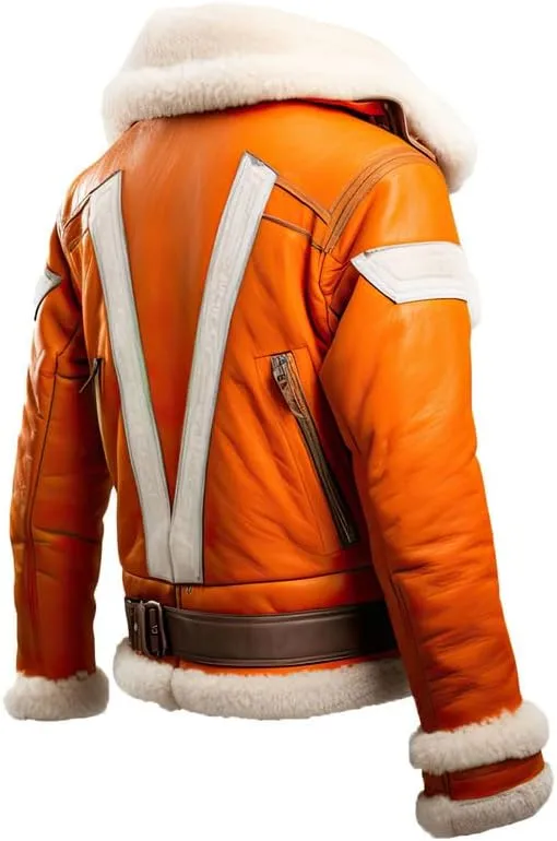 ATIKI Men’s Ginger Orange Genuine Sheepskin Sherpa Shearling Faux Fur Lined Winter Outfit B3 Bomber Belted Leather Jacket