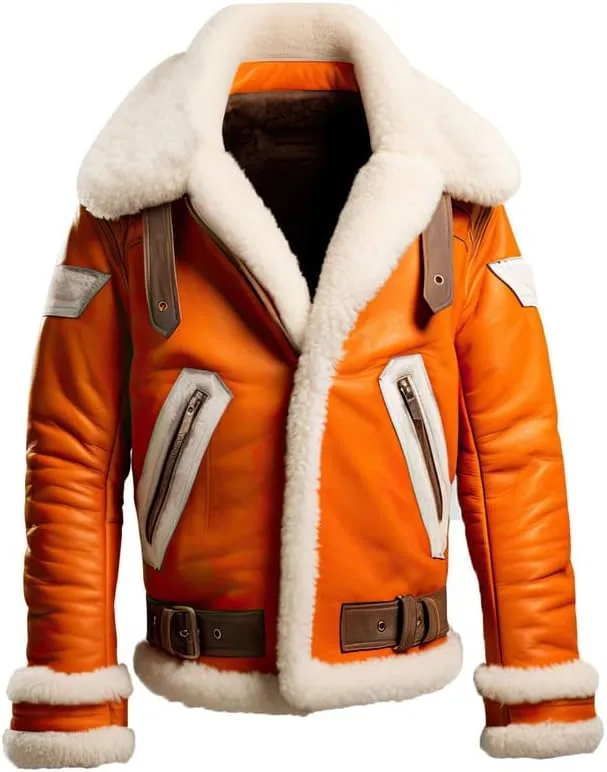 ATIKI Men’s Ginger Orange Genuine Sheepskin Sherpa Shearling Faux Fur Lined Winter Outfit B3 Bomber Belted Leather Jacket