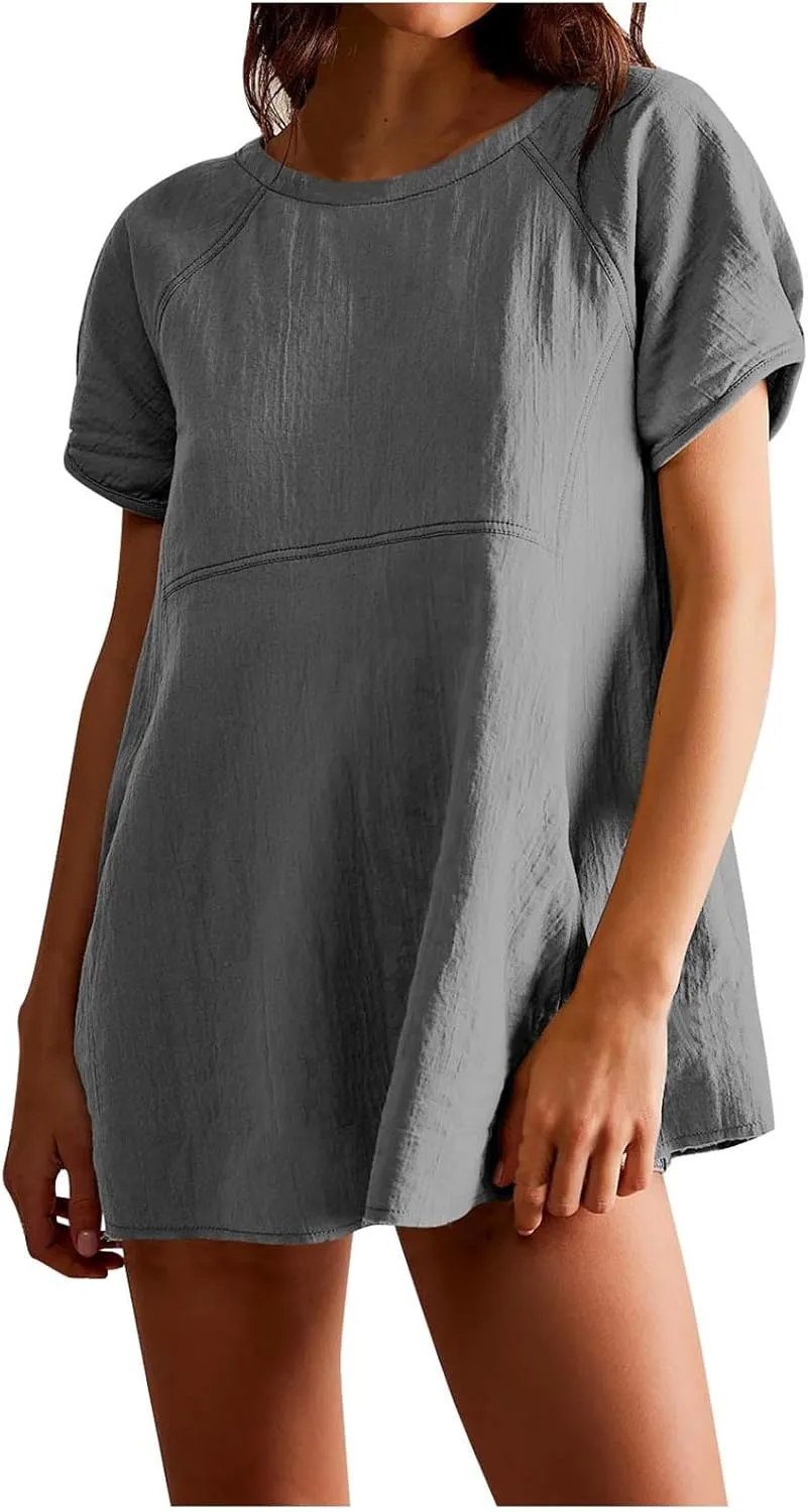 Babydoll Tops for Women 2024 Summer Short Sleeve Crewneck Oversized T Shirts Casual Loose Fit Flare Tunics