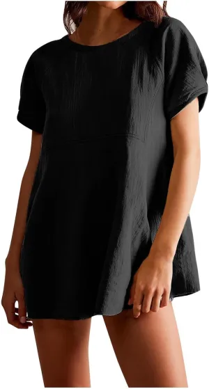 Babydoll Tops for Women 2024 Summer Short Sleeve Crewneck Oversized T Shirts Casual Loose Fit Flare Tunics