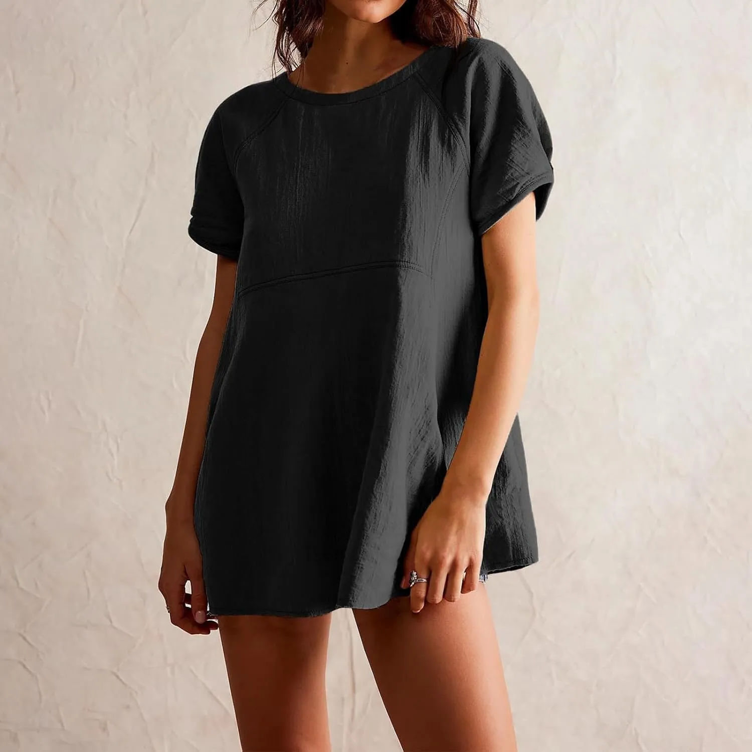 Babydoll Tops for Women 2024 Summer Short Sleeve Crewneck Oversized T Shirts Casual Loose Fit Flare Tunics