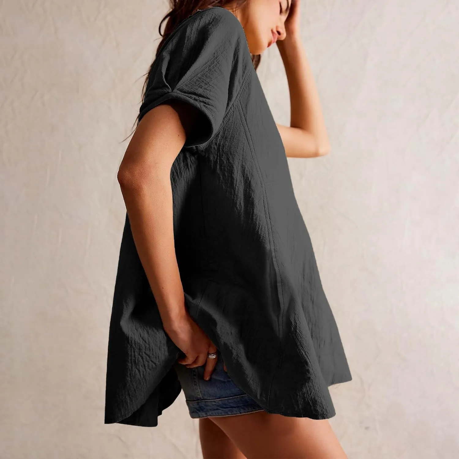 Babydoll Tops for Women 2024 Summer Short Sleeve Crewneck Oversized T Shirts Casual Loose Fit Flare Tunics