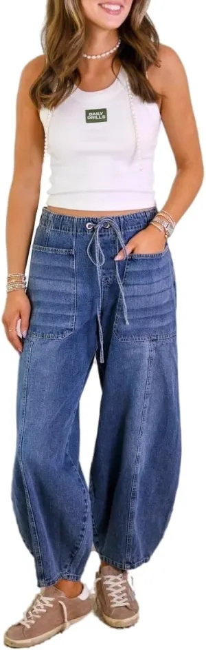 Baifan Women's Baggy Jeans Mid-Waist Drawstring Elastic Waistband Denim Pants