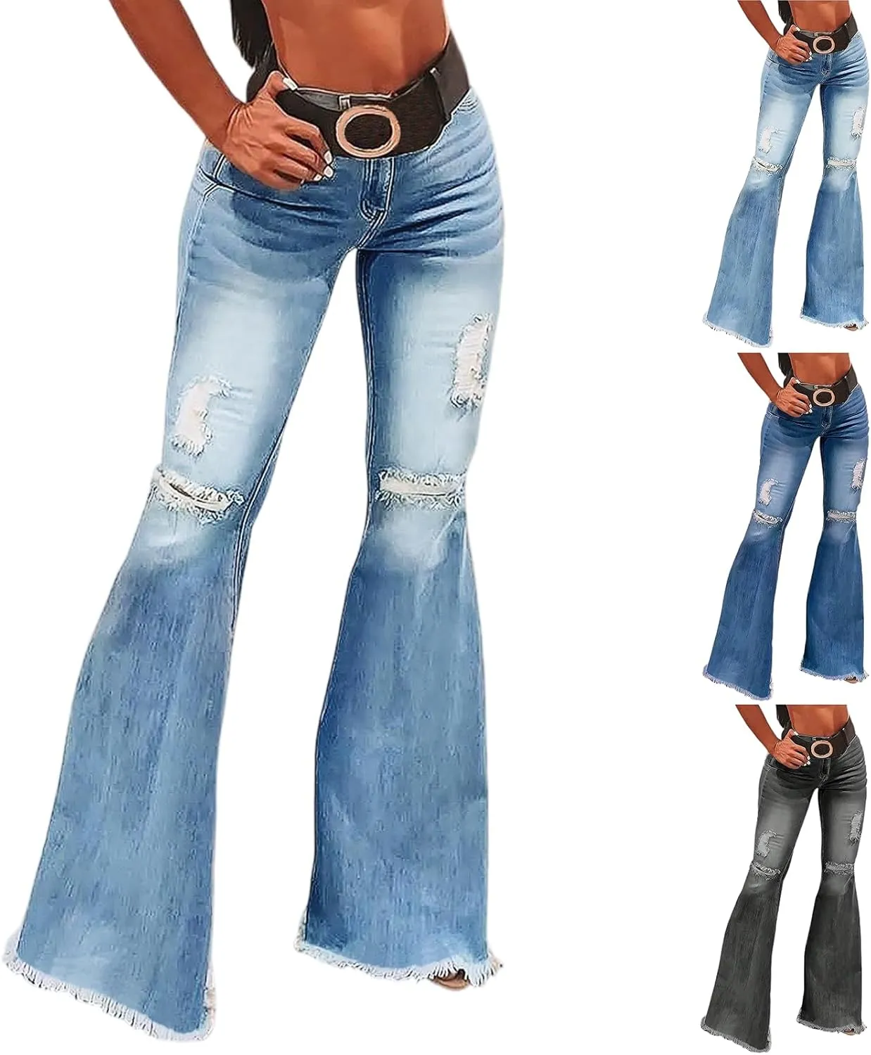 Bell Bottom Jeans for Women Ripped Skinny Raw Hem Plus Size Stretchy High Waisted Denim Wide Leg Jeans with Pockets