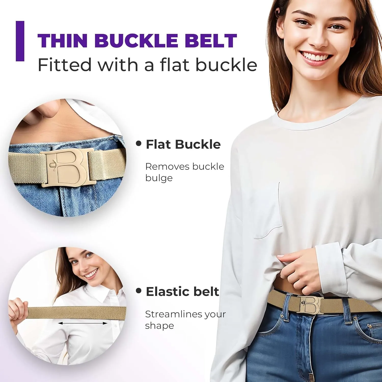 BELTAWAY Easily Adjustable No Show Women Stretch Belt Invisible Elastic Belt with Flat Buckle for Jeans Pants Dresses