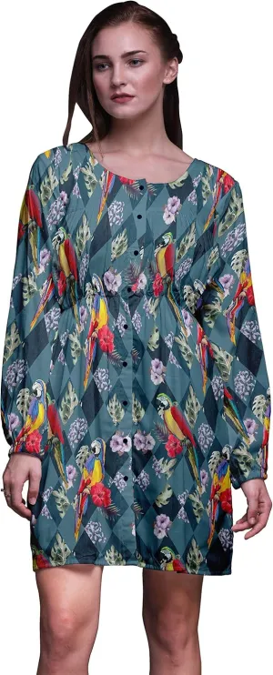 Bimba Blue Floral Tropical Bird Button Down Midi Shift Dress Women Shirt Summer Causal Tunic-Small