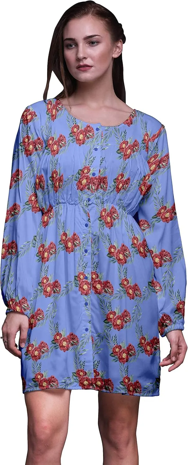 Bimba Blue Leaves & Peony Floral Button Down Midi Shift Dress Women Shirt Summer Causal Tunic-X-Small