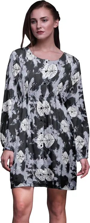 Bimba Gray Bandhani Tie-Dye Button Down Midi Shift Dress Women Shirt Summer Causal Tunic-Small