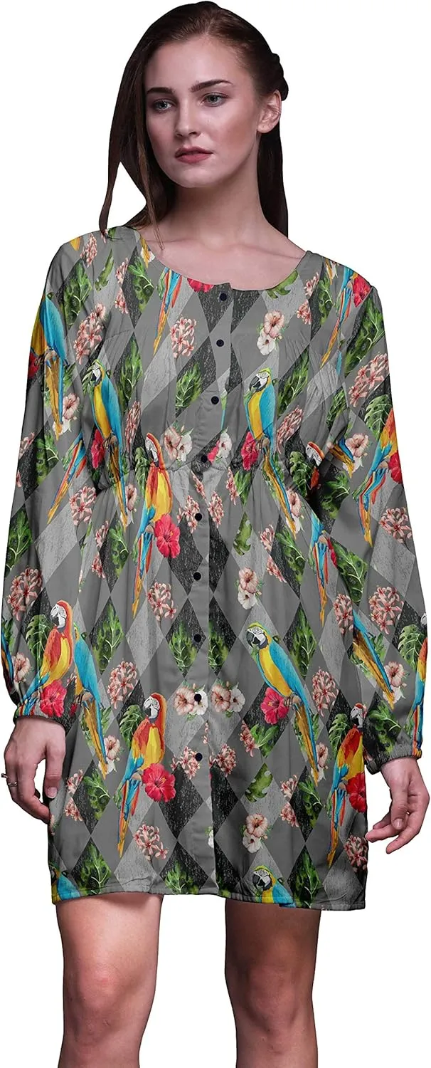 Bimba Gray Floral Tropical Bird Button Down Midi Shift Dress Women Shirt Summer Causal Tunic-X-Large