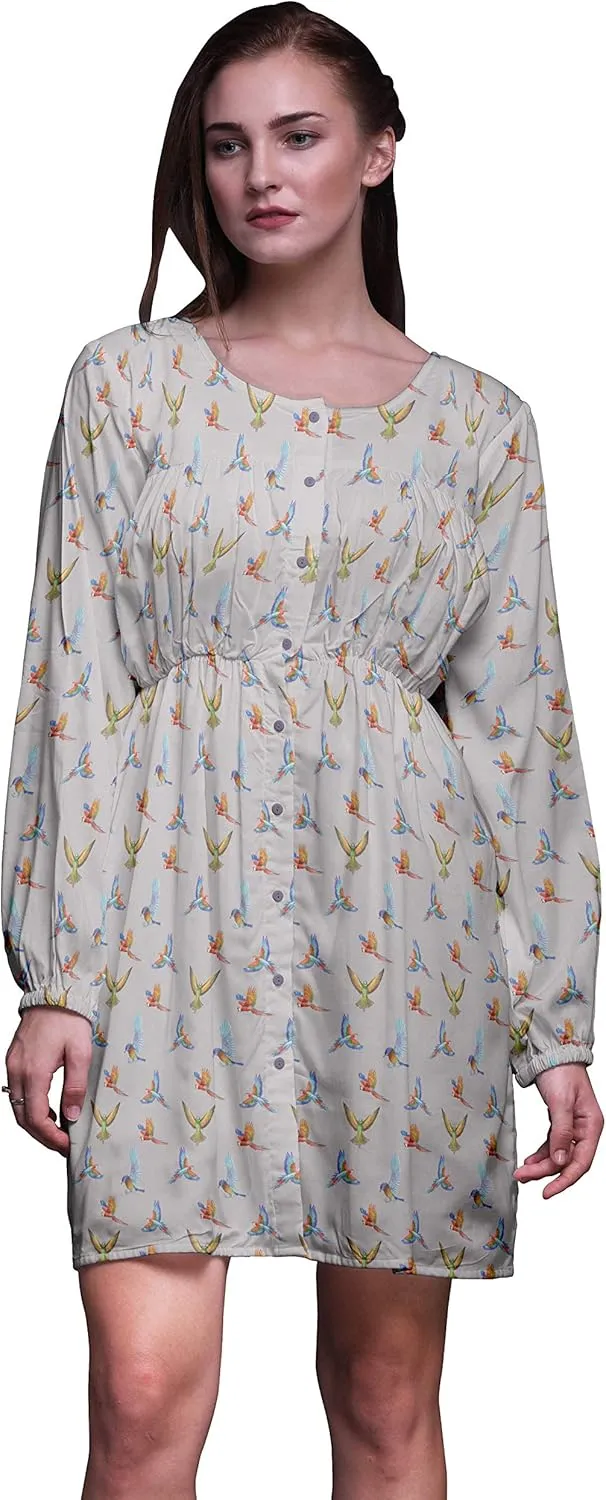 Bimba Gray Macaw Parrot Bird Button Down Midi Shift Dress Women Shirt Summer Causal Tunic-Medium