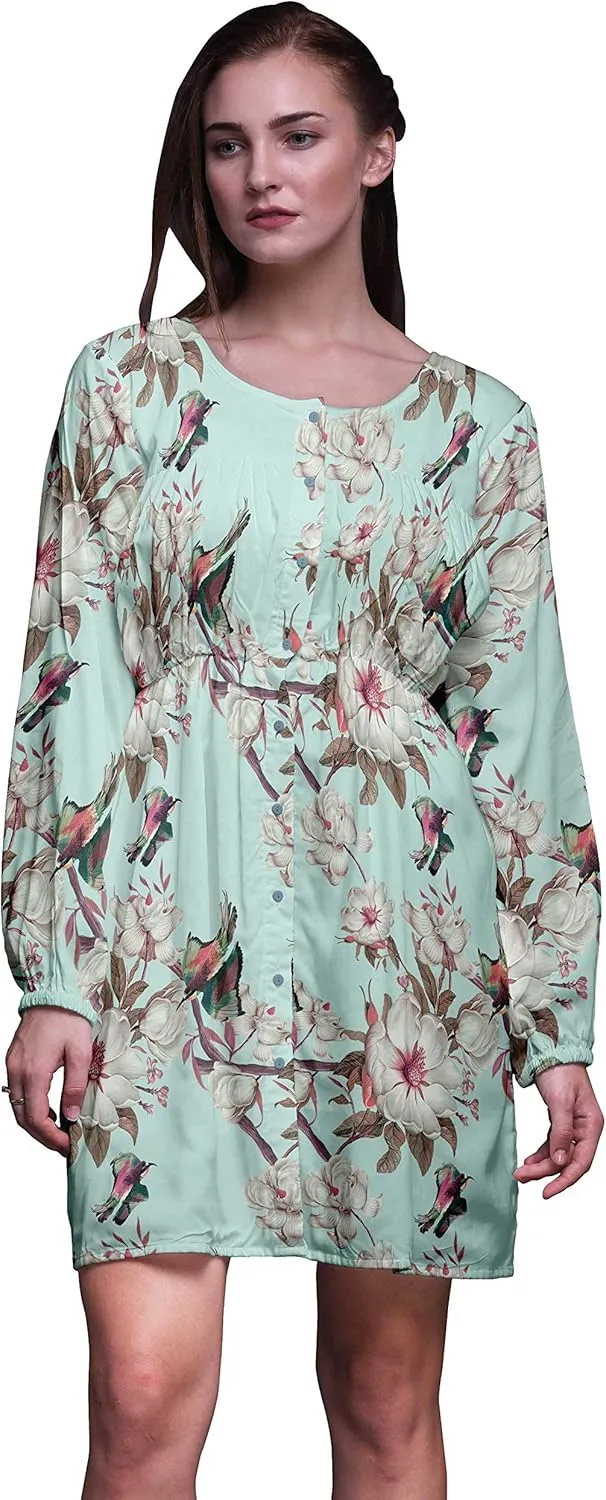 Bimba Green Floral & Kingfisher Bird Button Down Midi Shift Dress Women Shirt Summer Causal Tunic-Small