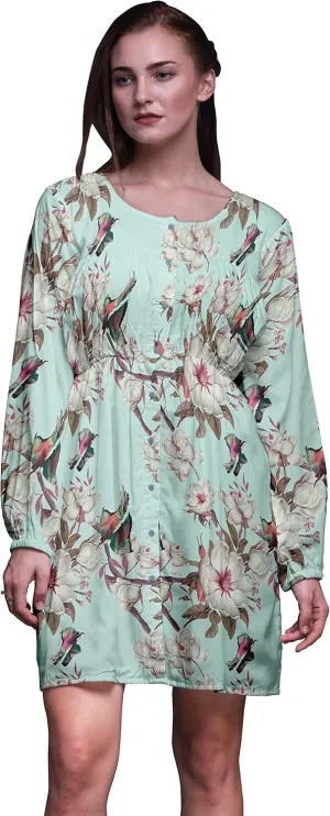 Bimba Green Floral & Kingfisher Bird Button Down Midi Shift Dress Women Shirt Summer Causal Tunic-X-Small