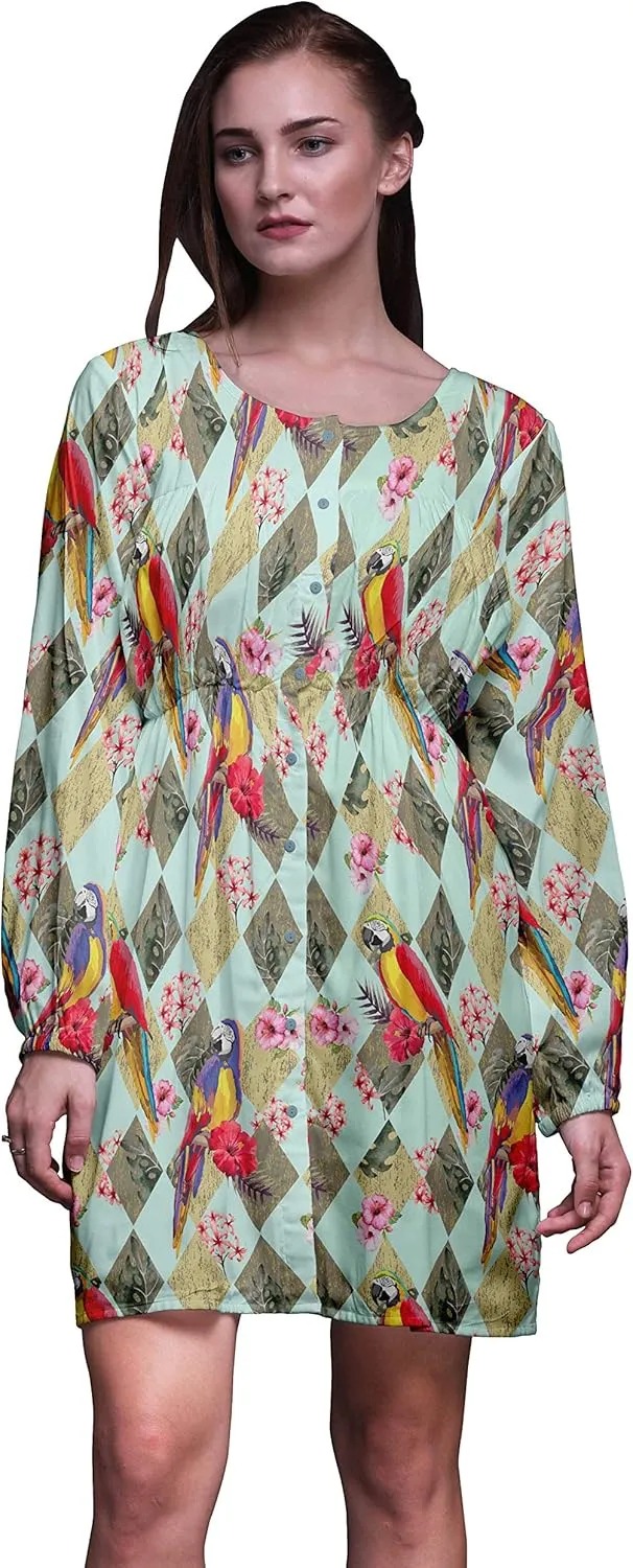 Bimba Green Floral Tropical Bird Button Down Midi Shift Dress Women Shirt Summer Causal Tunic-X-Large