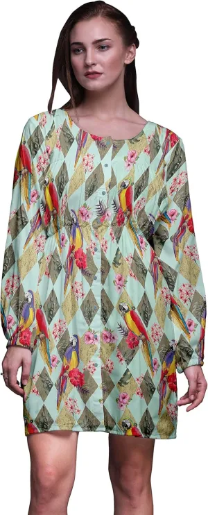 Bimba Green Floral Tropical Bird Button Down Midi Shift Dress Women Shirt Summer Causal Tunic-X-Large