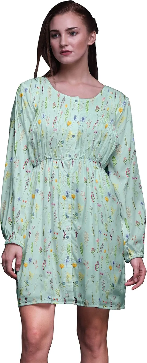 Bimba Green Ranunculus & Sweetpea Leaves Button Down Midi Shift Dress Women Shirt Summer Causal Tunic-Small