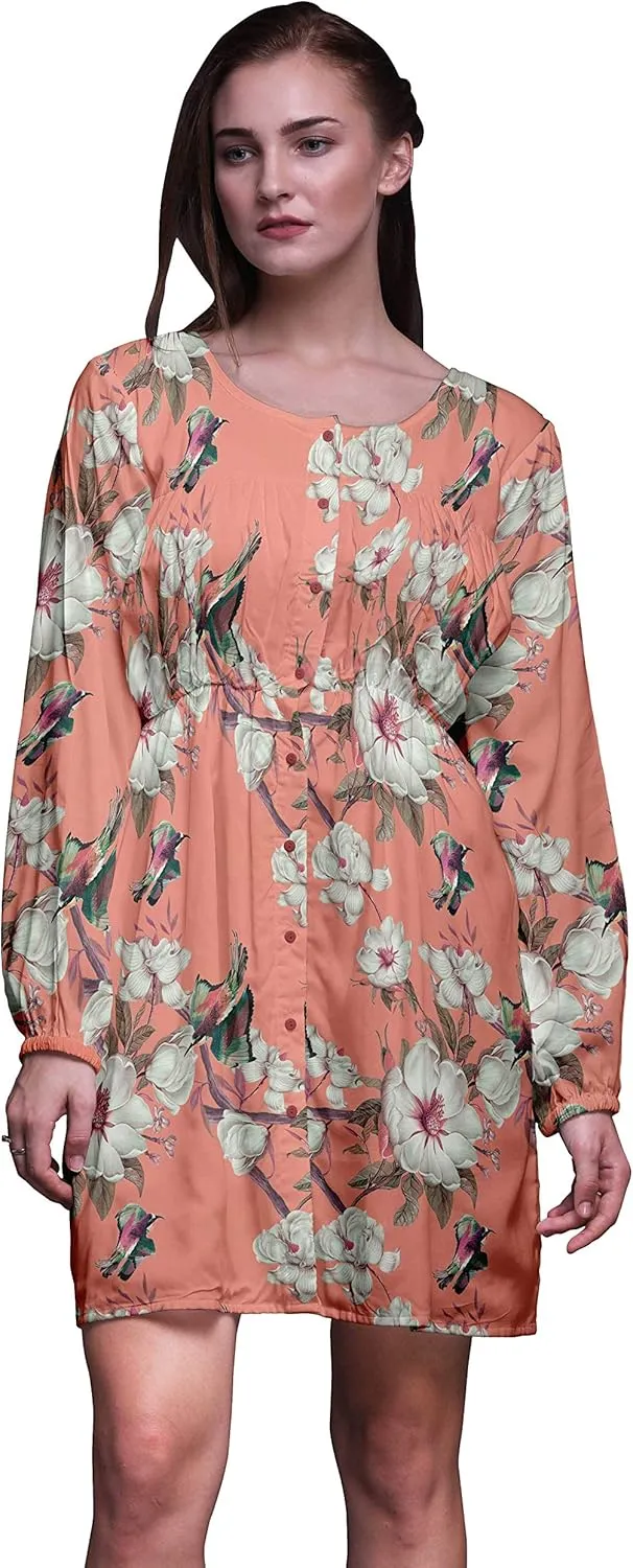 Bimba Orange Floral & Kingfisher Bird Button Down Midi Shift Dress Women Shirt Summer Causal Tunic-XX-Large