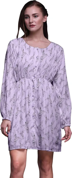 Bimba Purple King Fisher Bird Button Down Midi Shift Dress Women Shirt Summer Causal Tunic-X-Small