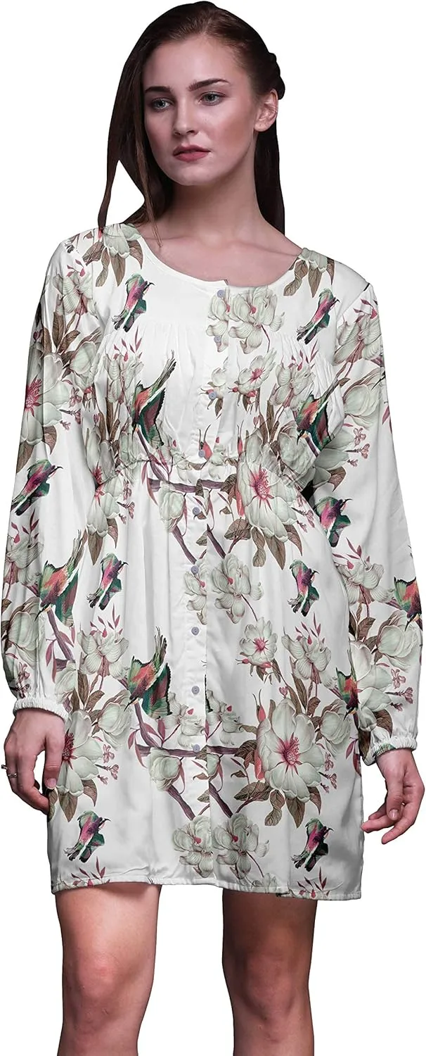 Bimba White Floral & Kingfisher Bird Button Down Midi Shift Dress Women Shirt Summer Causal Tunic-Small