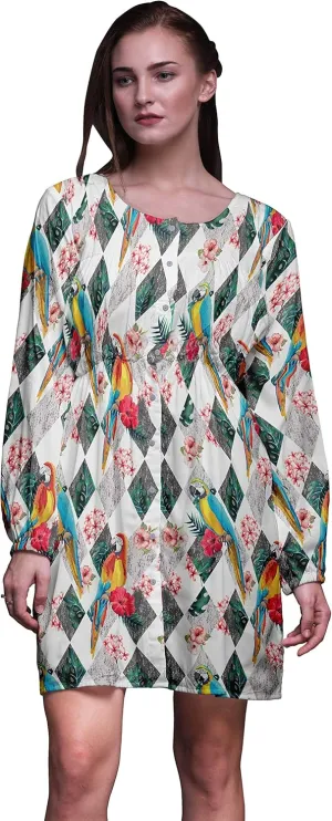 Bimba White Floral Tropical Bird Button Down Midi Shift Dress Women Shirt Summer Causal Tunic-Large