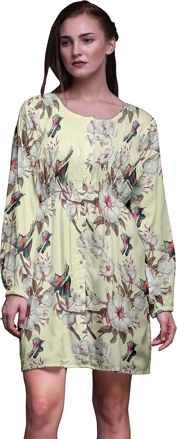 Bimba Yellow Floral & Kingfisher Bird Button Down Midi Shift Dress Women Shirt Summer Causal Tunic-XX-Large