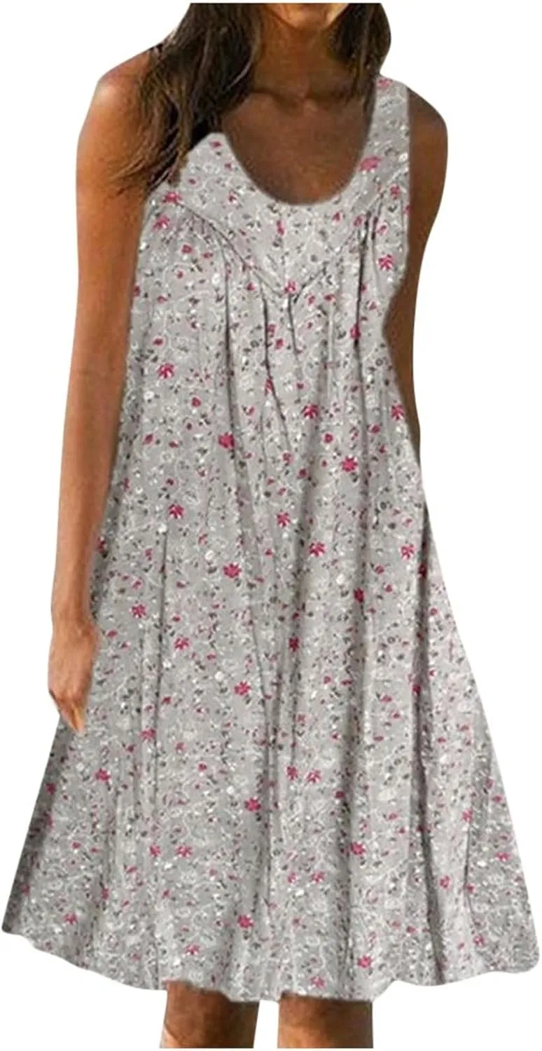 Boho Dress Summer Tank Top Dress Plus Size Sundresses Sleeveless Pleated Short Dress Beach Floral Dress with Pockets