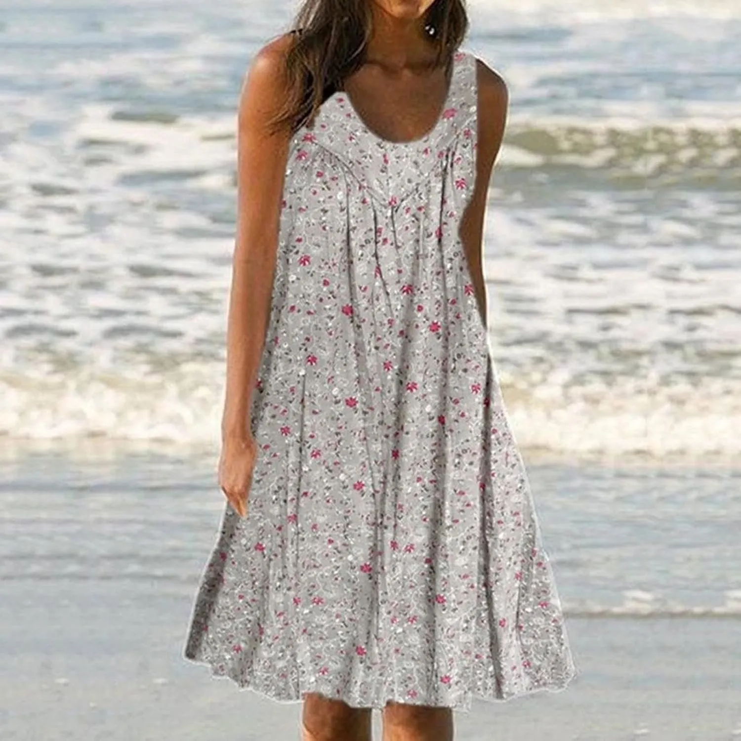 Boho Dress Summer Tank Top Dress Plus Size Sundresses Sleeveless Pleated Short Dress Beach Floral Dress with Pockets