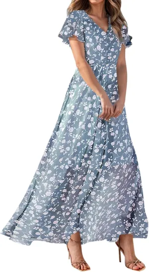 Boho Dresses for Women 2025 Maxi Dress Formal Summer Smocked Floral Dress Plus Size Ruffle Sleeve Chiffon Dresses