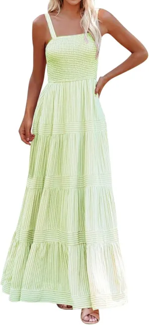 Boho Dresses for Women 2025 Summer Sleeveless Maxi Halter Elegant Swing Dress Casual Fashion Ruffle Waist Sundress