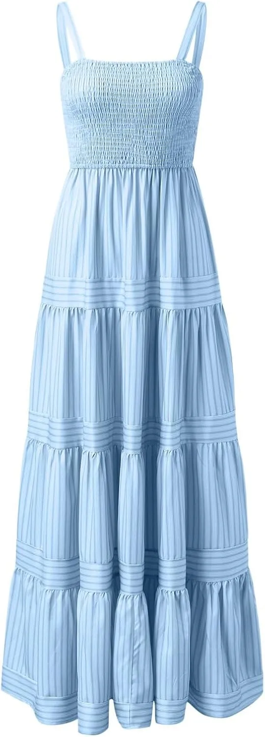 Boho Dresses for Women 2025 Summer Sleeveless Maxi Halter Elegant Swing Dress Casual Fashion Ruffle Waist Sundress