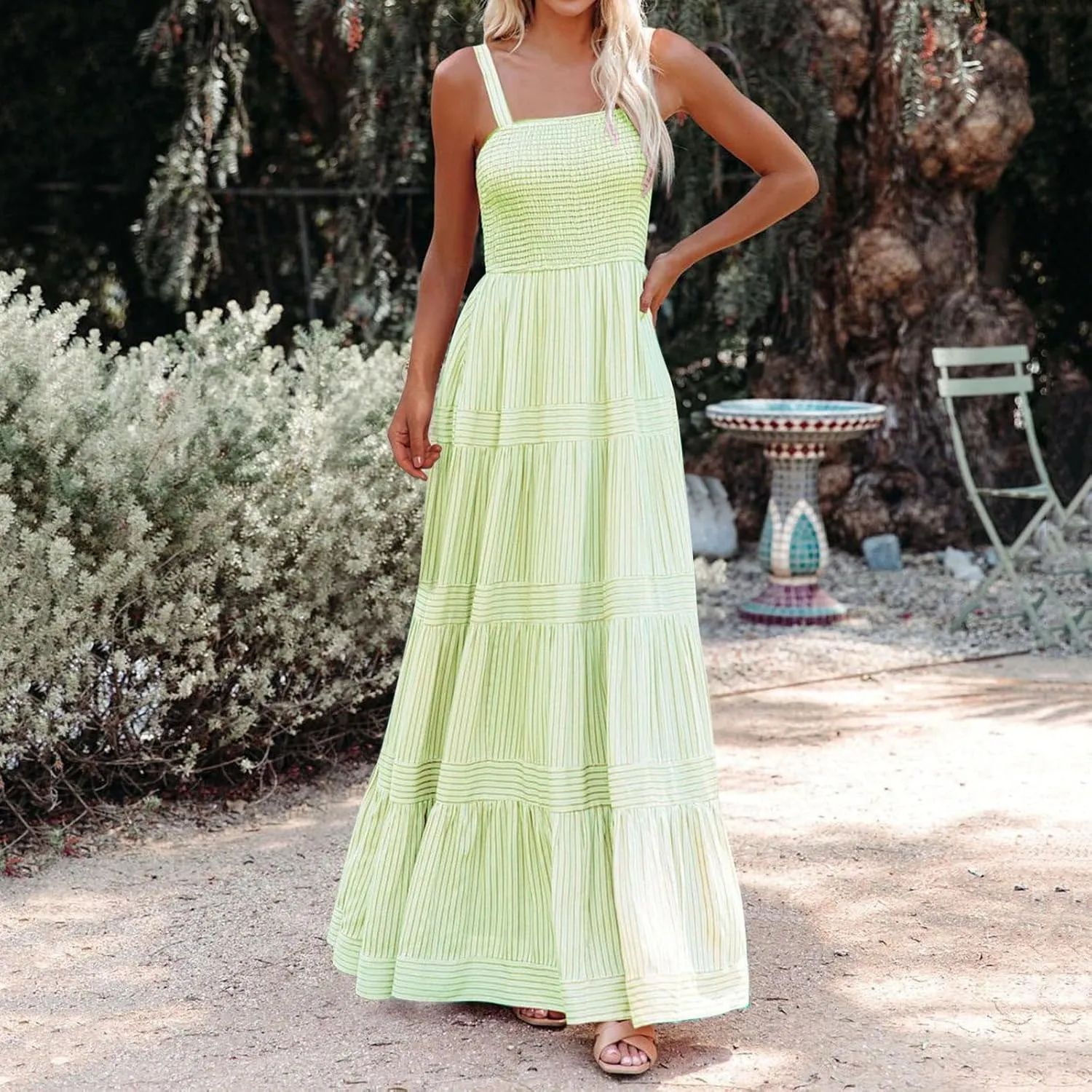 Boho Dresses for Women 2025 Summer Sleeveless Maxi Halter Elegant Swing Dress Casual Fashion Ruffle Waist Sundress