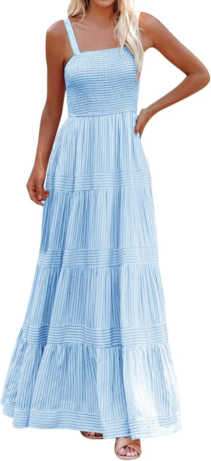 Boho Dresses for Women 2025 Summer Sleeveless Maxi Halter Elegant Swing Dress Casual Fashion Ruffle Waist Sundress