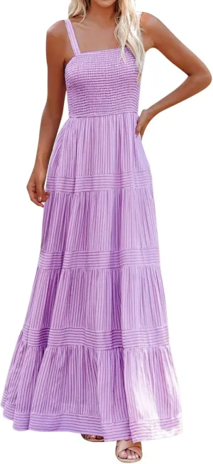 Boho Dresses for Women 2025 Summer Sleeveless Maxi Halter Elegant Swing Dress Casual Fashion Ruffle Waist Sundress