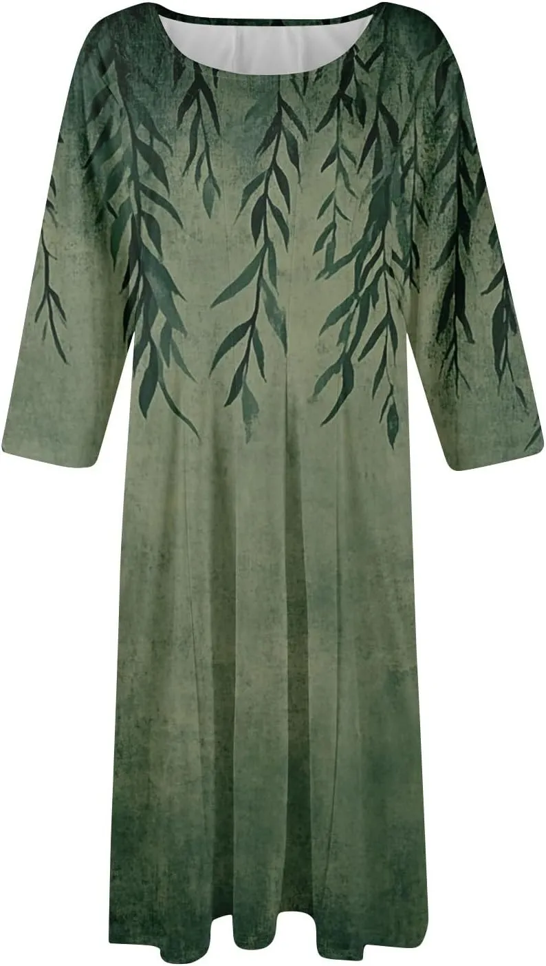 Boho Floral Dress for Women 3/4 Sleeve Summer Wrap Dress Ruched Midi Spring Flowy Vacation Dresses with Pocket