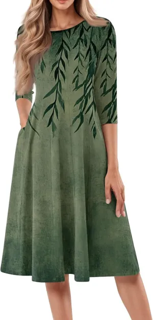 Boho Floral Dress for Women 3/4 Sleeve Summer Wrap Dress Ruched Midi Spring Flowy Vacation Dresses with Pocket