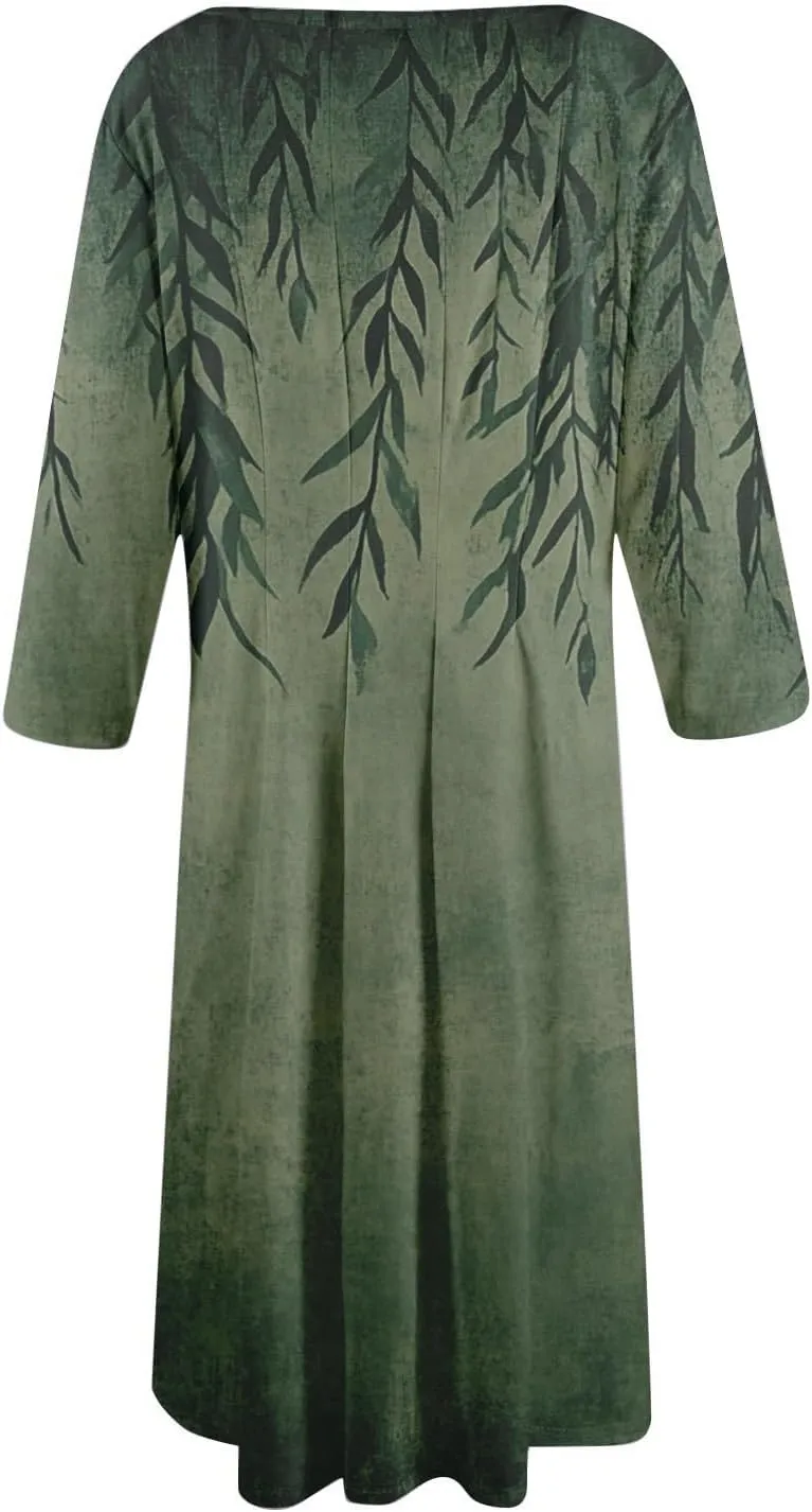 Boho Floral Dress for Women 3/4 Sleeve Summer Wrap Dress Ruched Midi Spring Flowy Vacation Dresses with Pocket