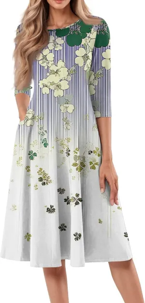 Boho Floral Dress for Women 3/4 Sleeve Summer Wrap Dress Ruched Midi Spring Flowy Vacation Dresses with Pocket