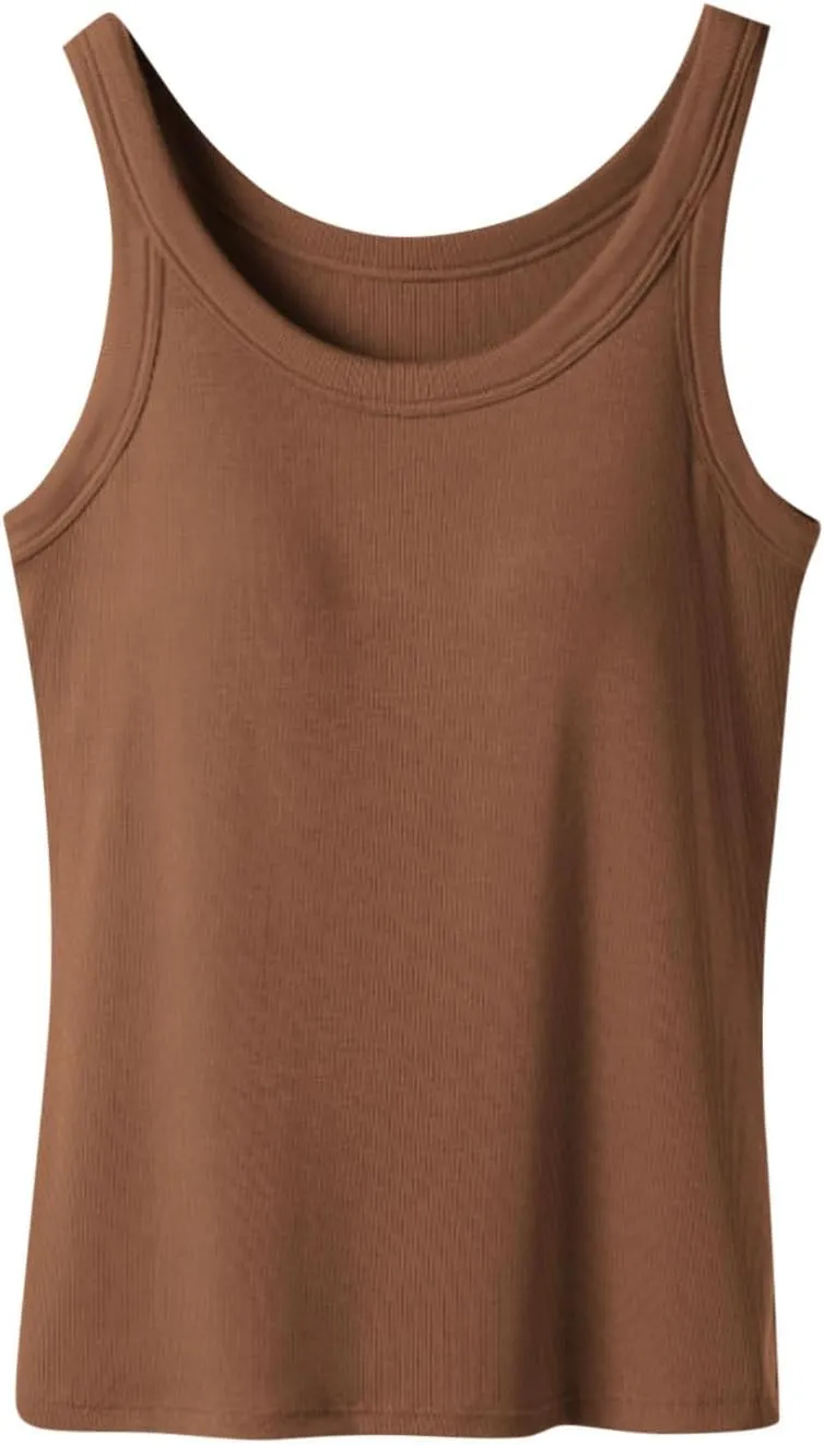 Built in Bra Tank Tops for Women 2025 Ribbed Knit Casual Slim-Fit Tops Crew Neck Sleeveless Summer Basic Tanks