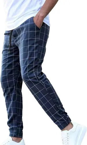Cambkatl Men's Drawstring Plaid Dress Pants Stretch Business Casual Elastic Waist Golf Suit Pants with Pockets